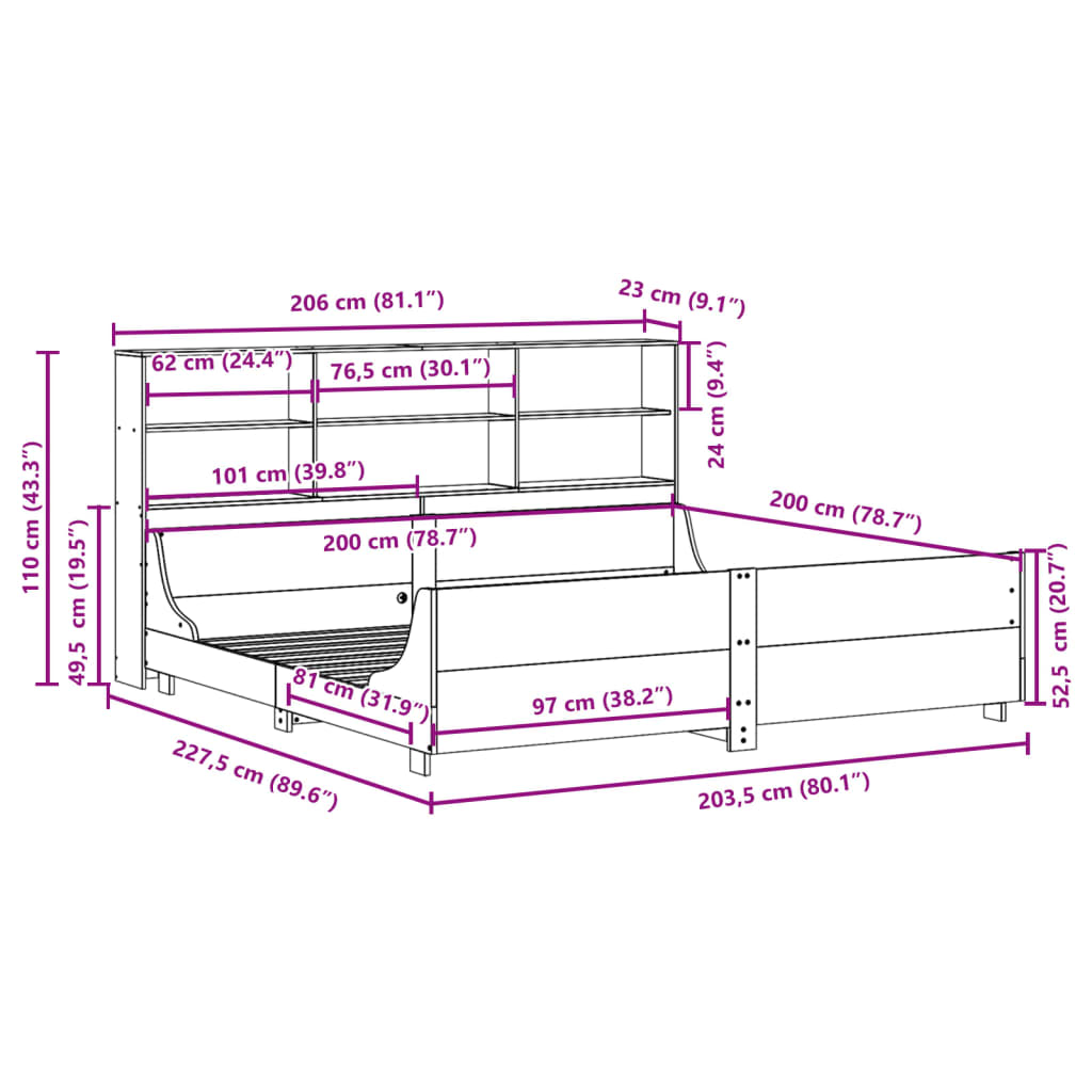 Bed met boekenkast zonder matras hout wasbruin 200x200 cm