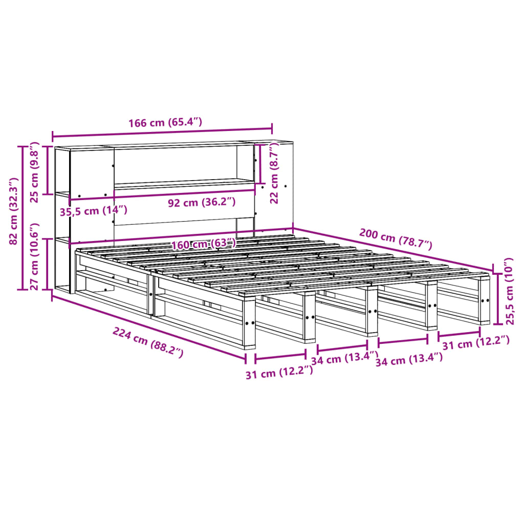 Bed met boekenkast zonder matras hout wasbruin 160x200 cm