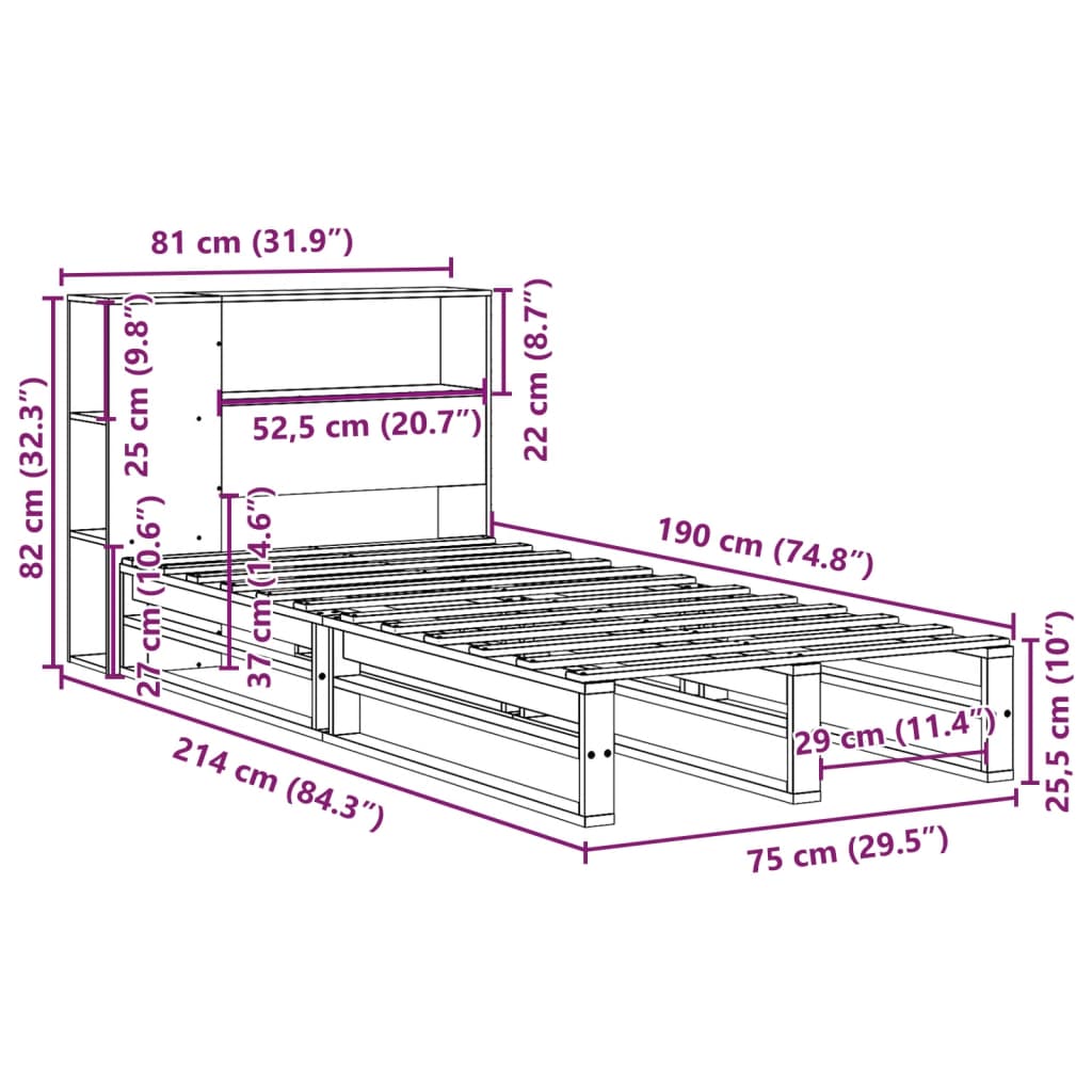 Bed met boekenkast zonder matras massief hout wit 75x190 cm