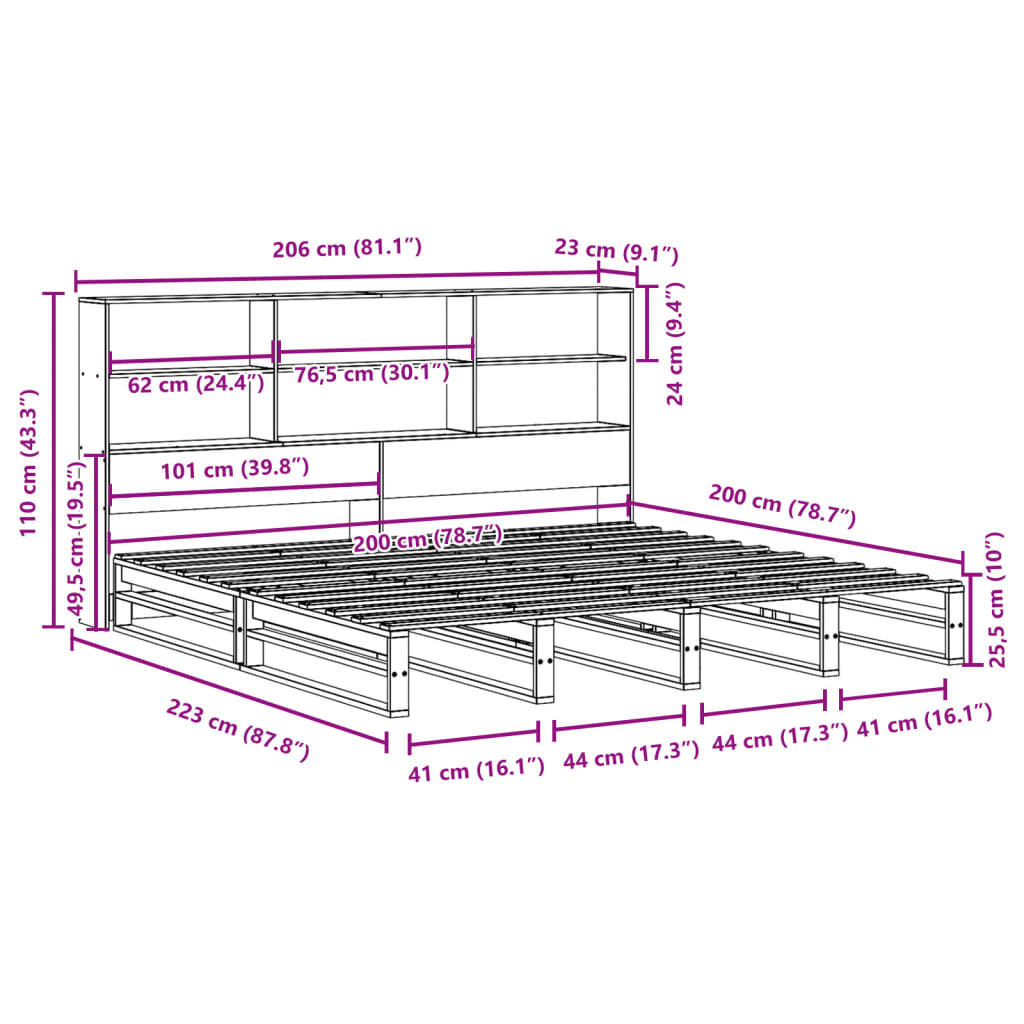 Bed met boekenkast zonder matras hout wasbruin 200x200 cm