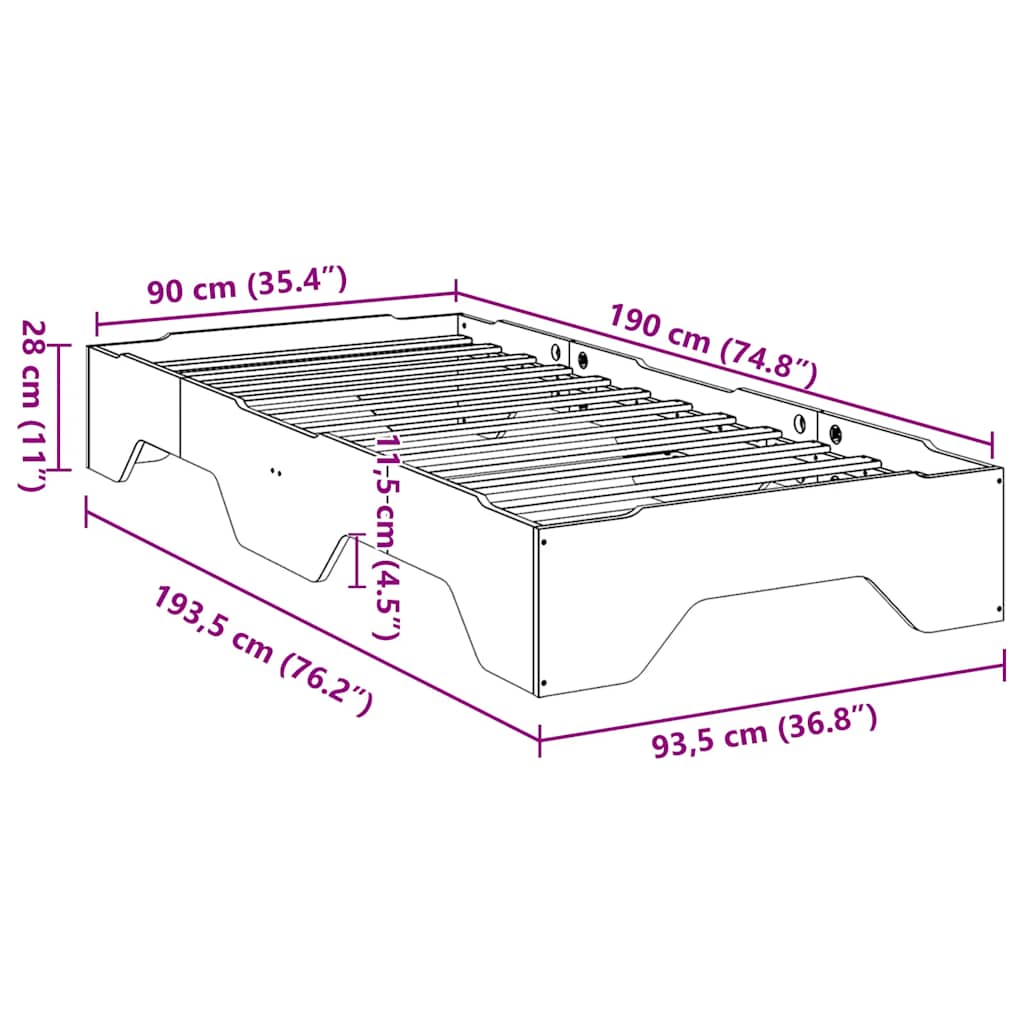 Bedframe zonder matras stapelbaar 90x190 cm massief hout