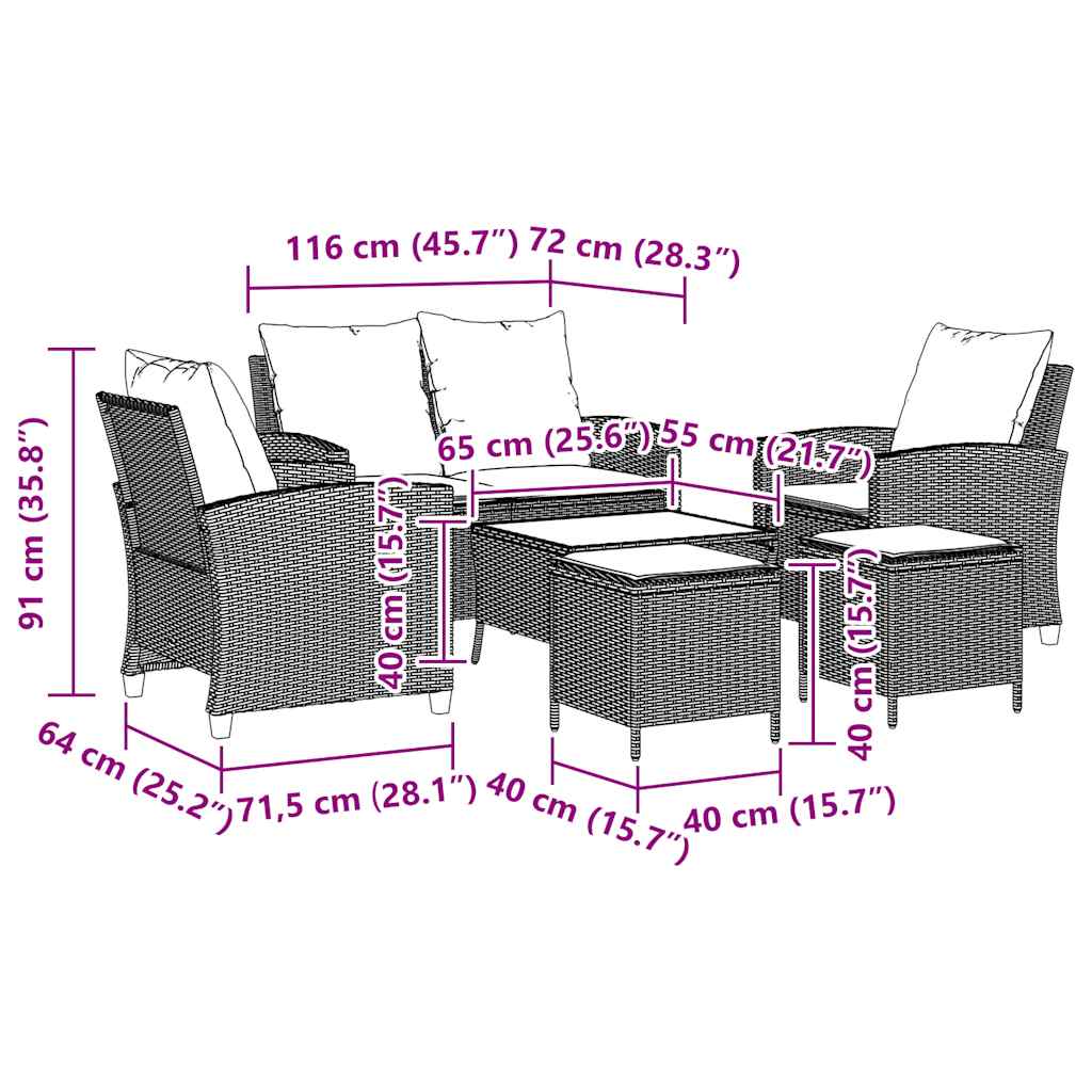 6-Delige Loungeset Met Kussens Poly Rattan Grijs Glas