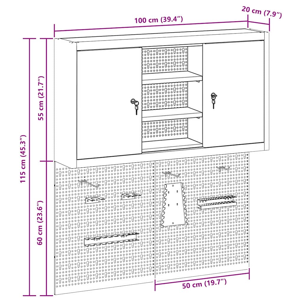 Gereedschapskast set met plank 3 pcs Zwart Gepoedercoat staal