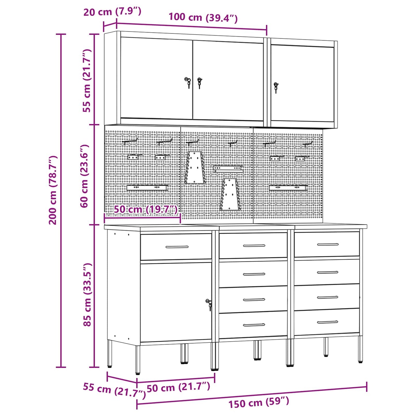 Werk kast met lade 8 pcs Zwart Engineered hout en staal