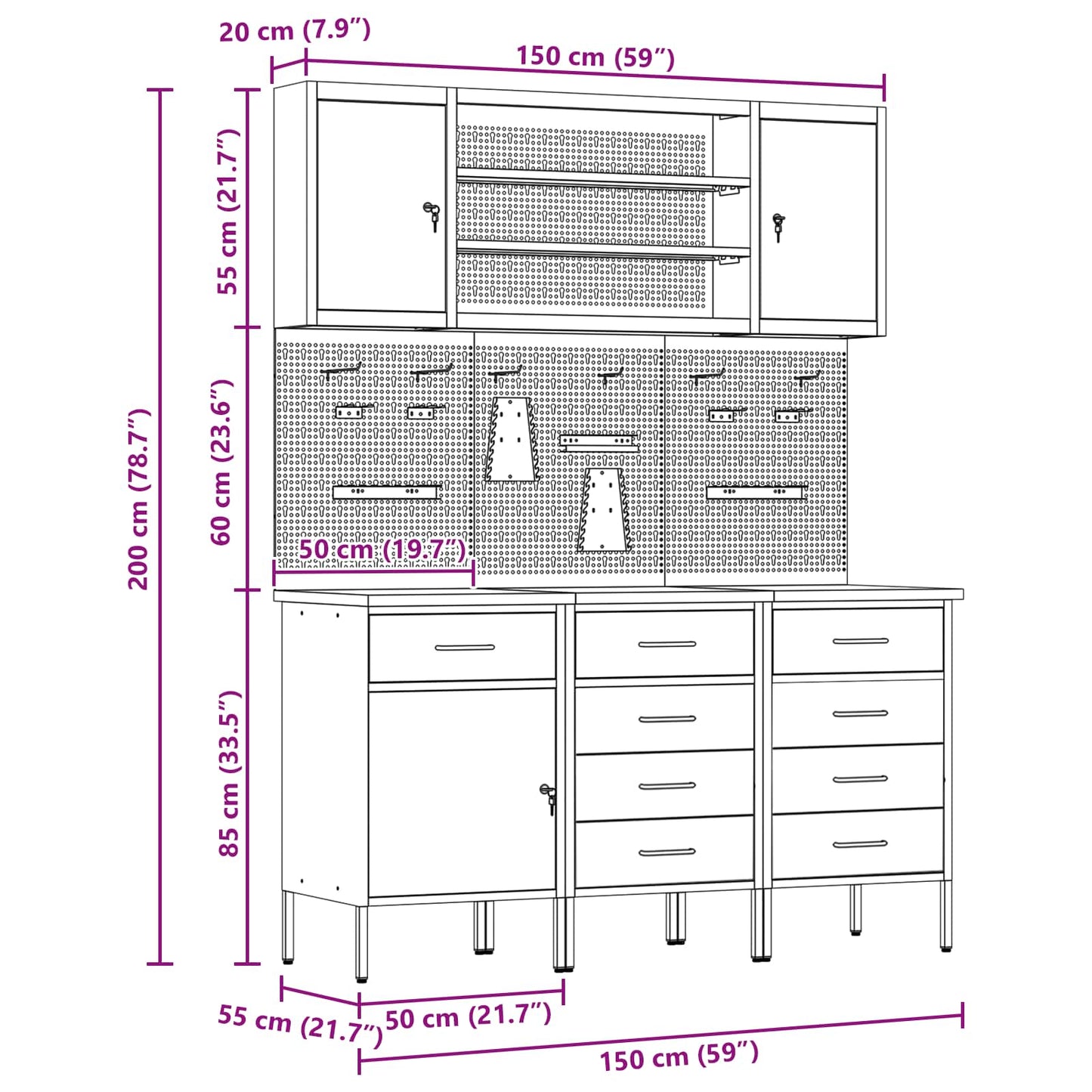 Werk kast met lade 7 pcs Zwart Engineered hout en staal