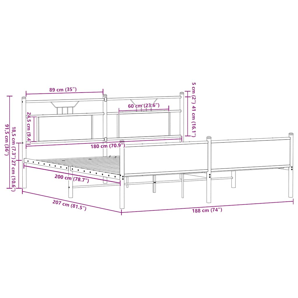 Bedframe Zonder Matras Metaal 180X200 Cm 183 x 203 cm bruin eikenkleur