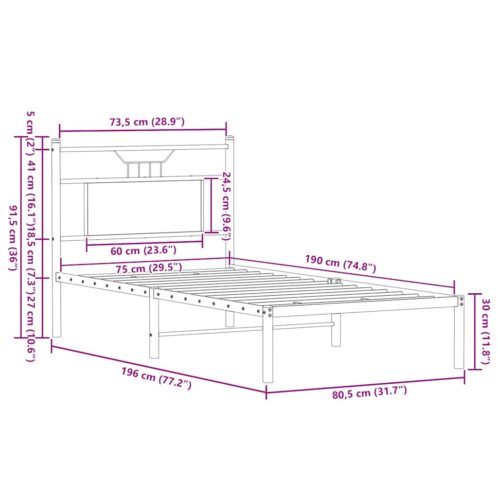 Bedframe zonder matras bewerkt hout bruin eikenkleur 75x190 cm