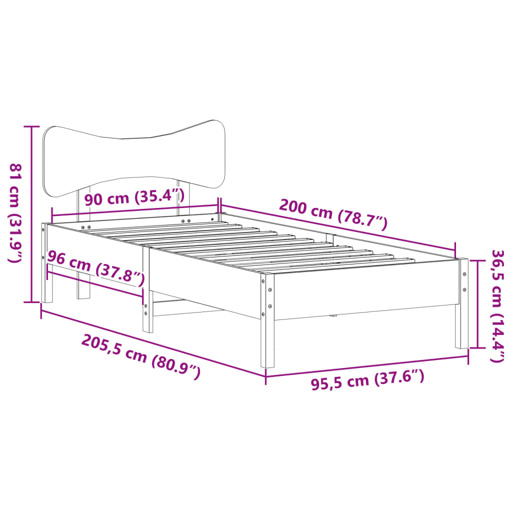 Bedframe zonder matras massief grenenhout wit 90x200 cm