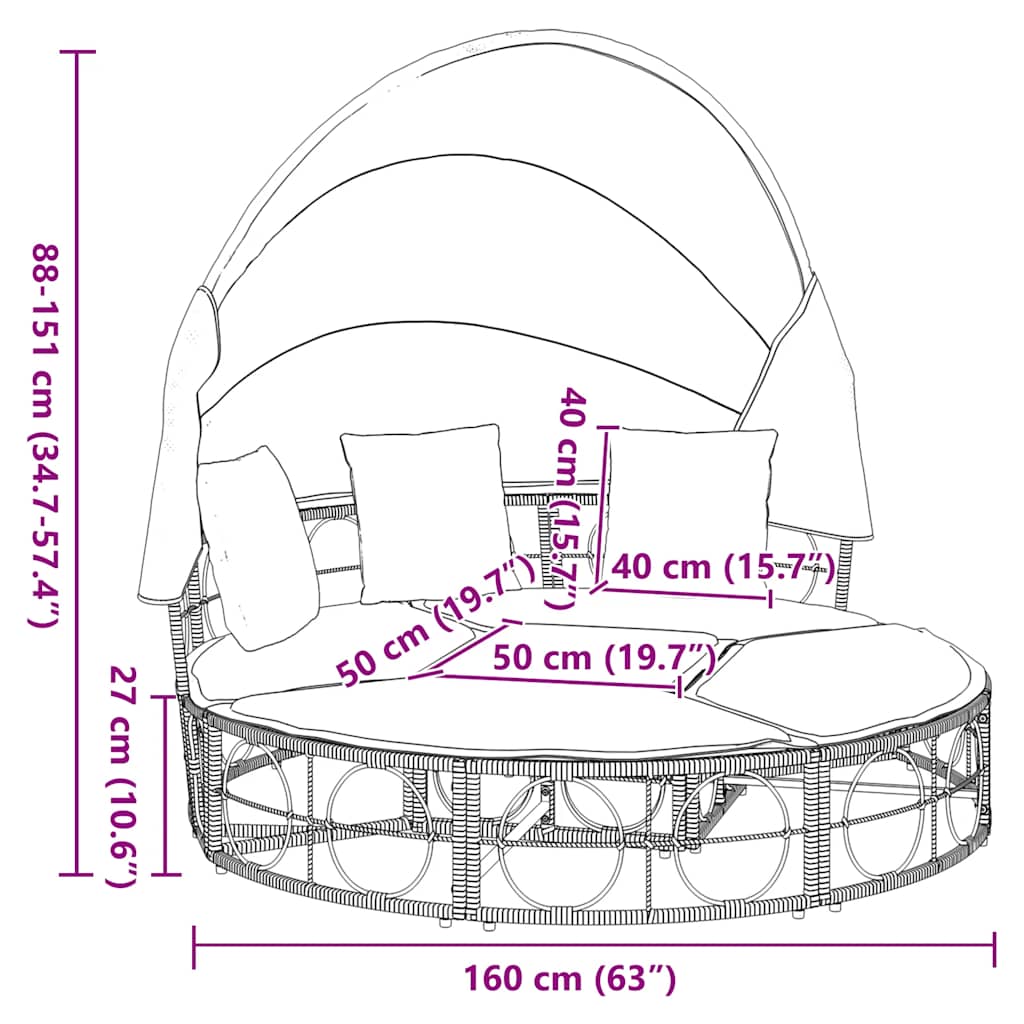 Loungebed met luifel en kussens poly rattan zwart