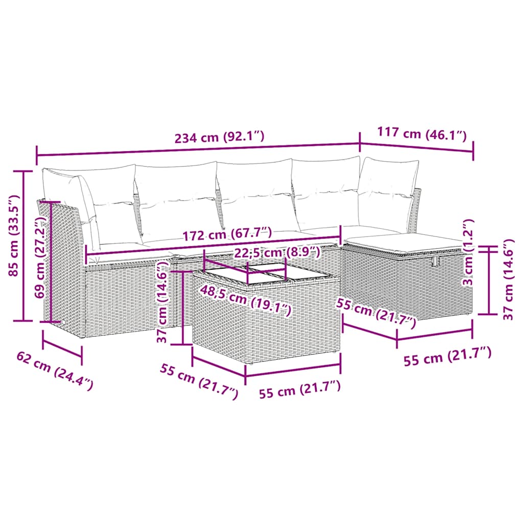 6-delige Loungeset met kussens poly rattan bruin