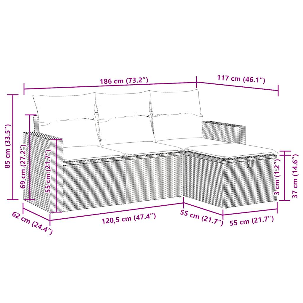 4-delige Loungeset met kussens poly rattan beige