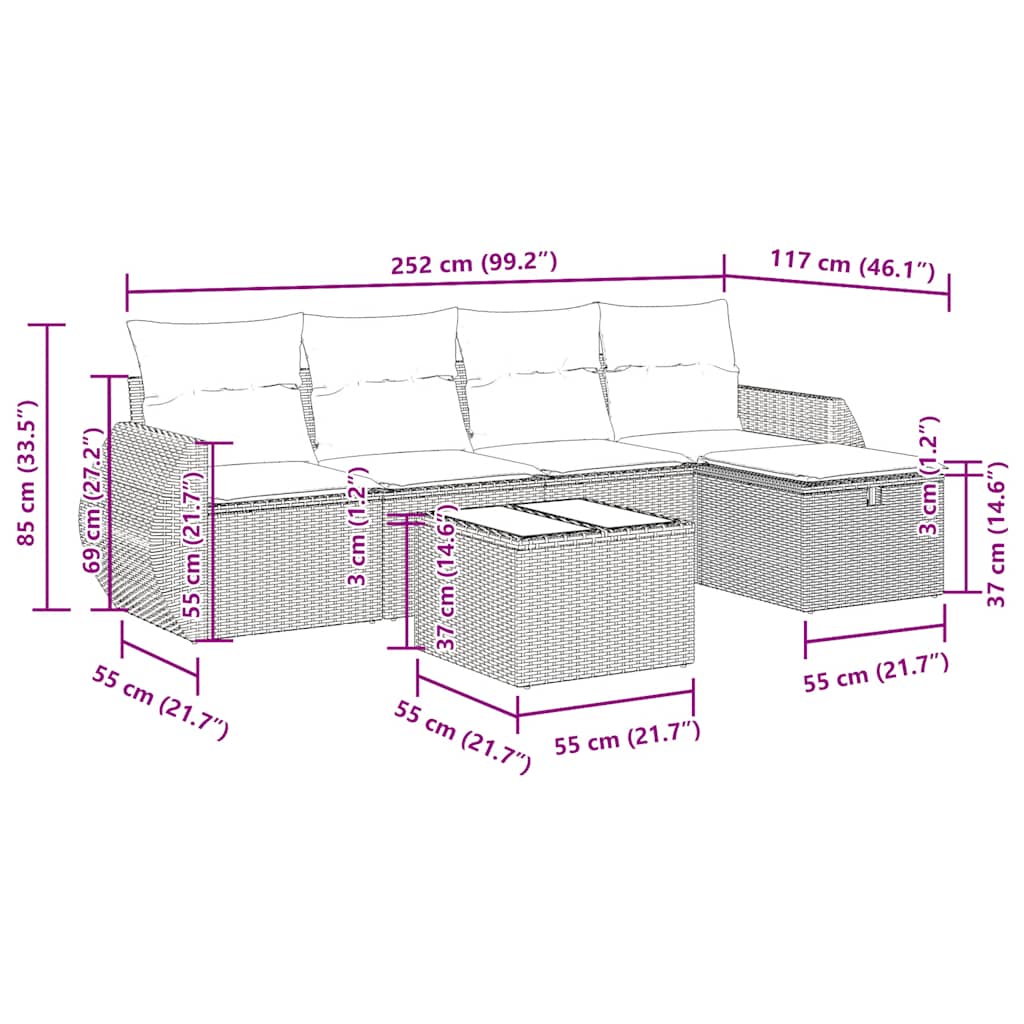 6-delige Loungeset met kussens poly rattan grijs