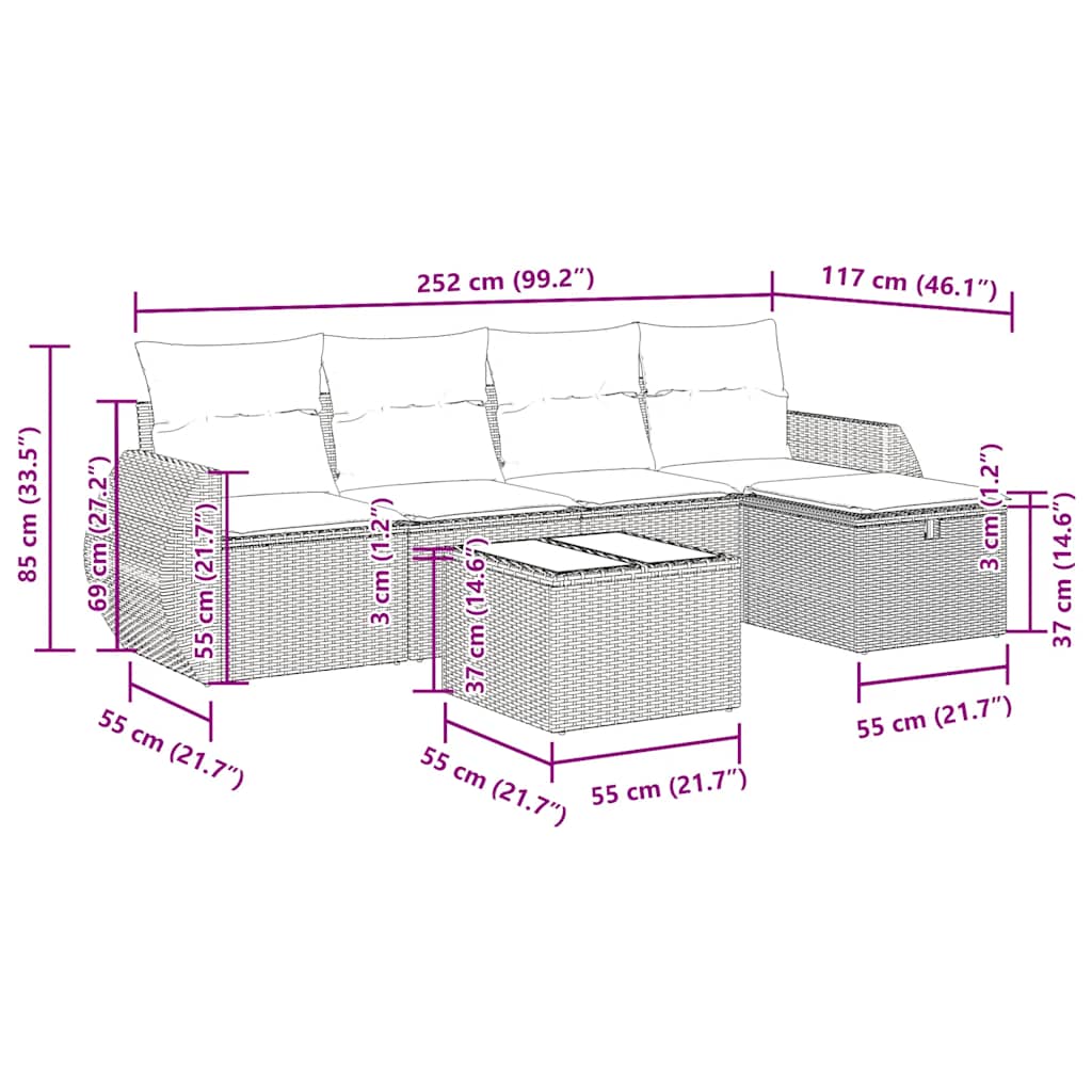 6-delige Loungeset met kussens poly rattan bruin