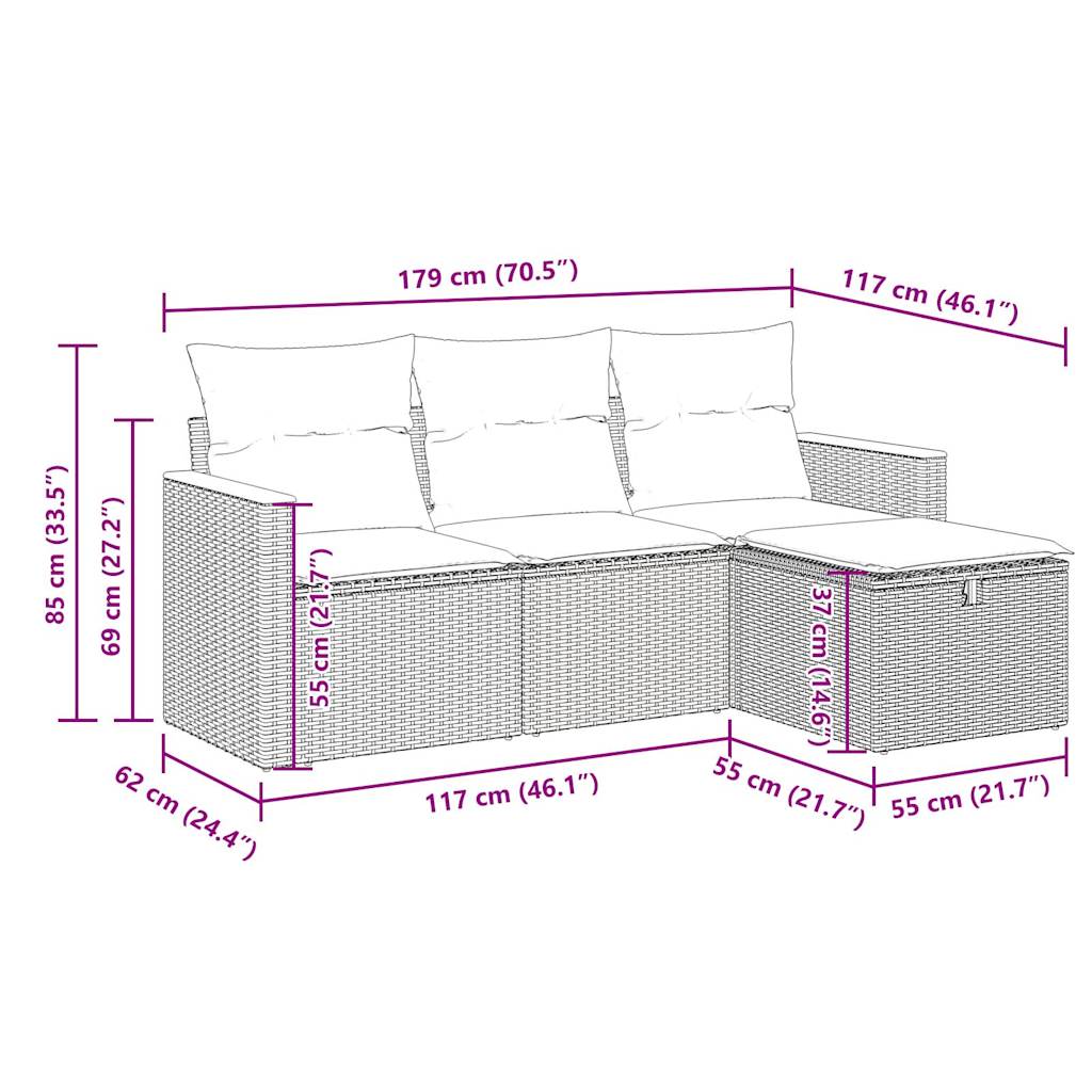 4-delige Loungeset met kussens poly rattan zwart