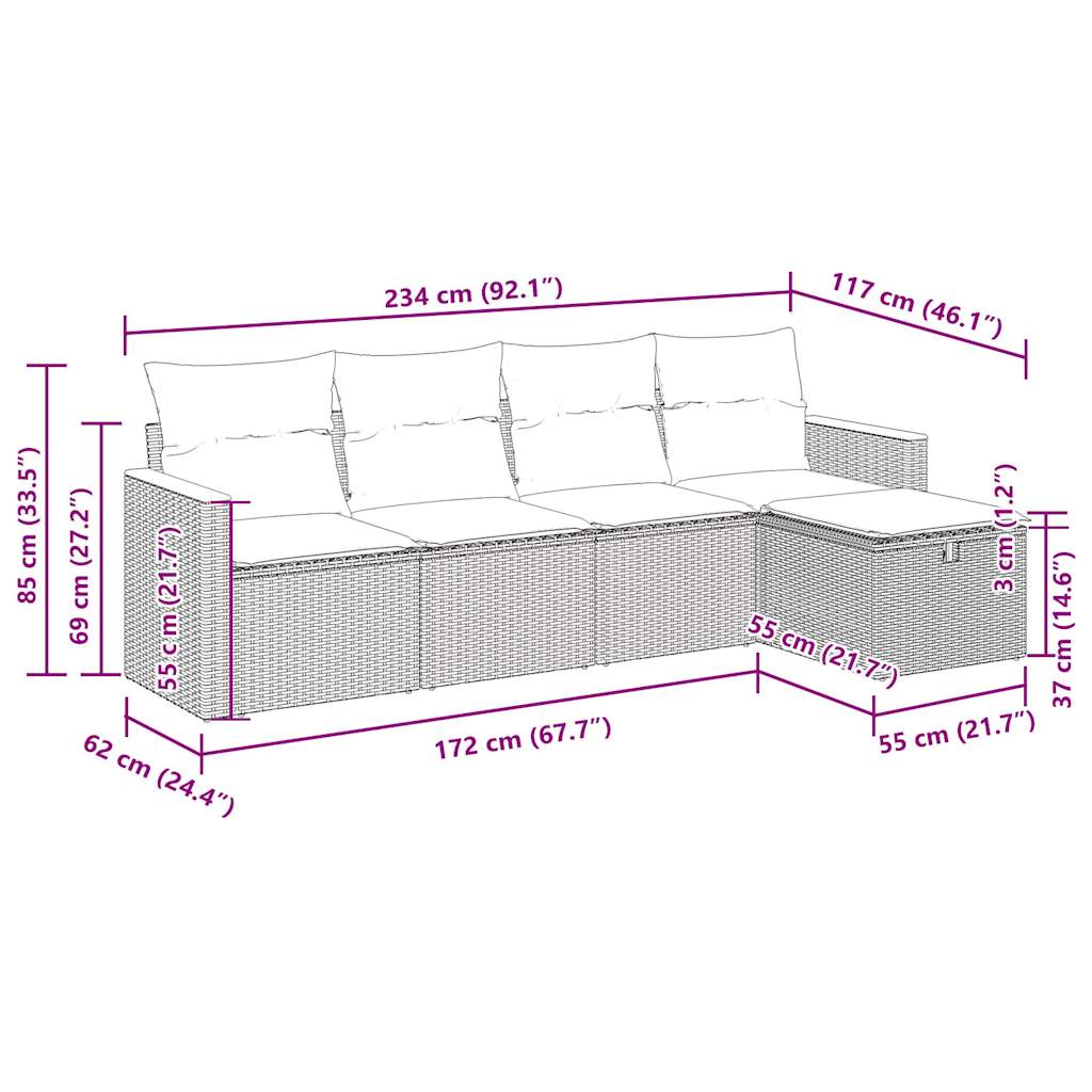 5-delige Loungeset met kussens poly rattan zwart