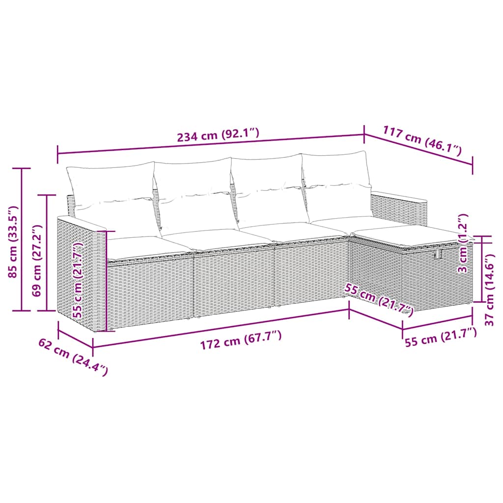 5-delige Loungeset met kussens poly rattan zwart
