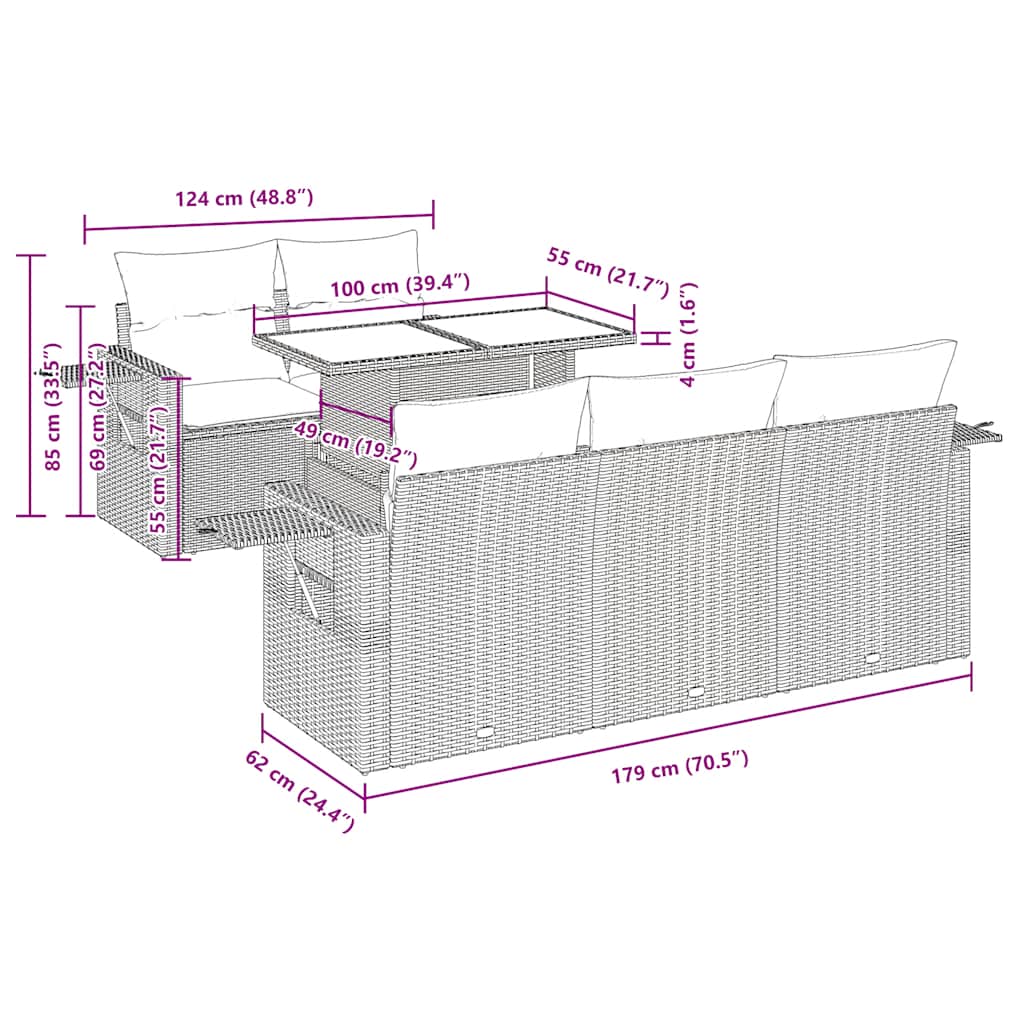 6-delige Loungeset met kussens poly rattan acacia zwart
