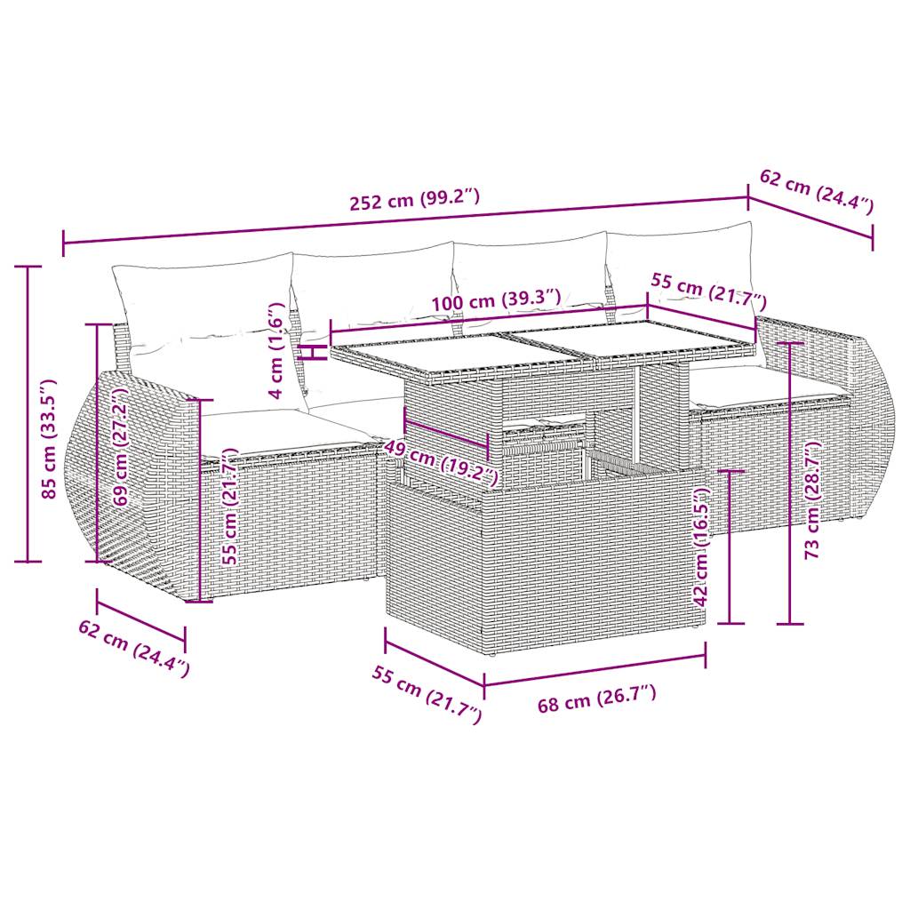 5-delige Loungeset met kussens poly rattan zwart
