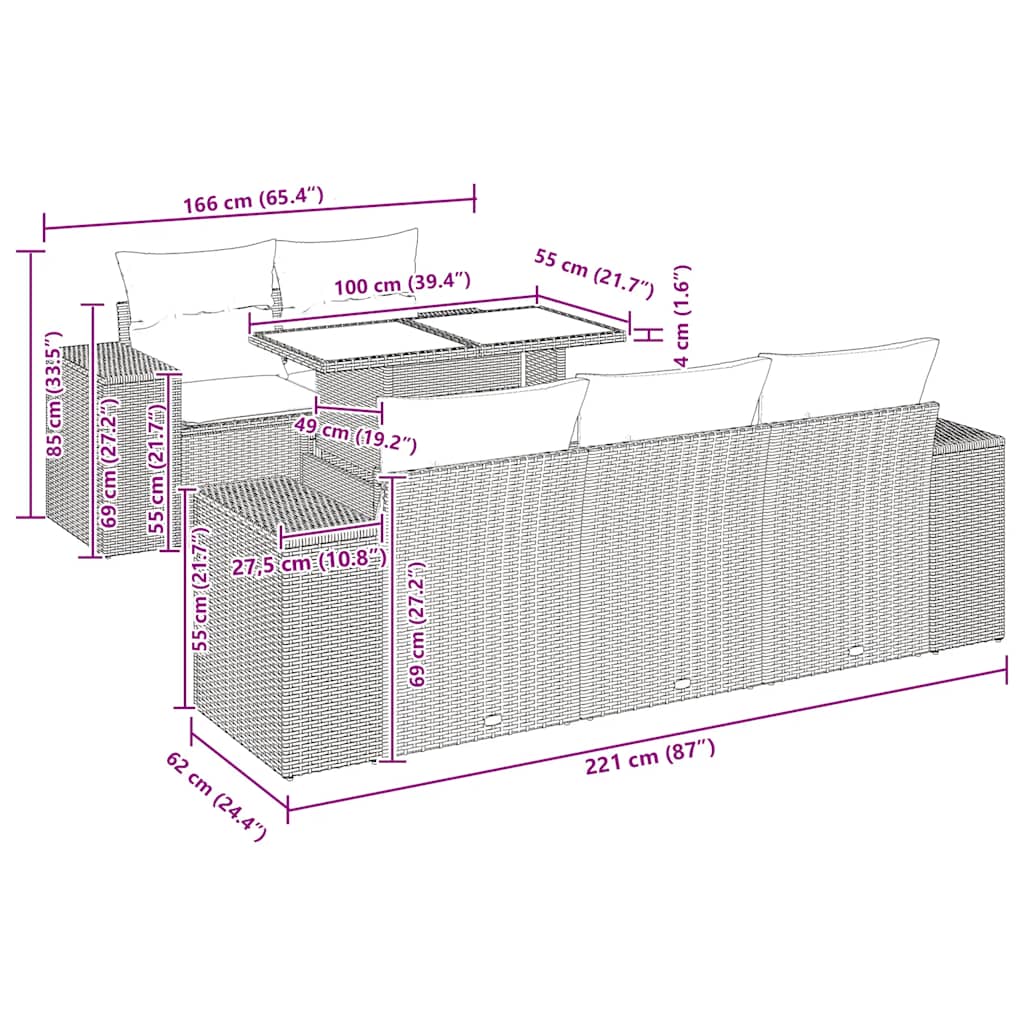 6-delige Loungeset met kussens poly rattan acacia zwart