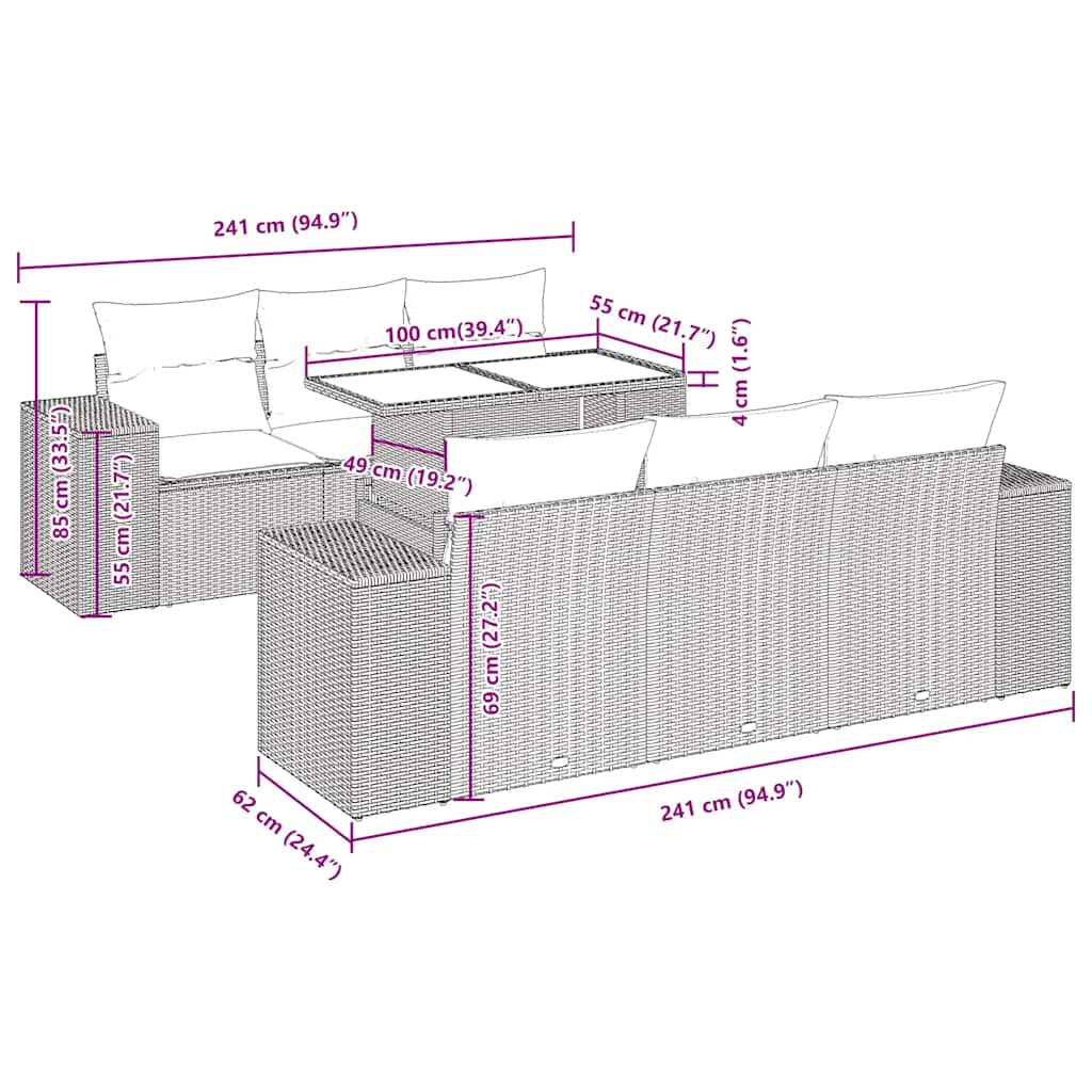 7-delige Loungeset met kussens poly rattan bruin