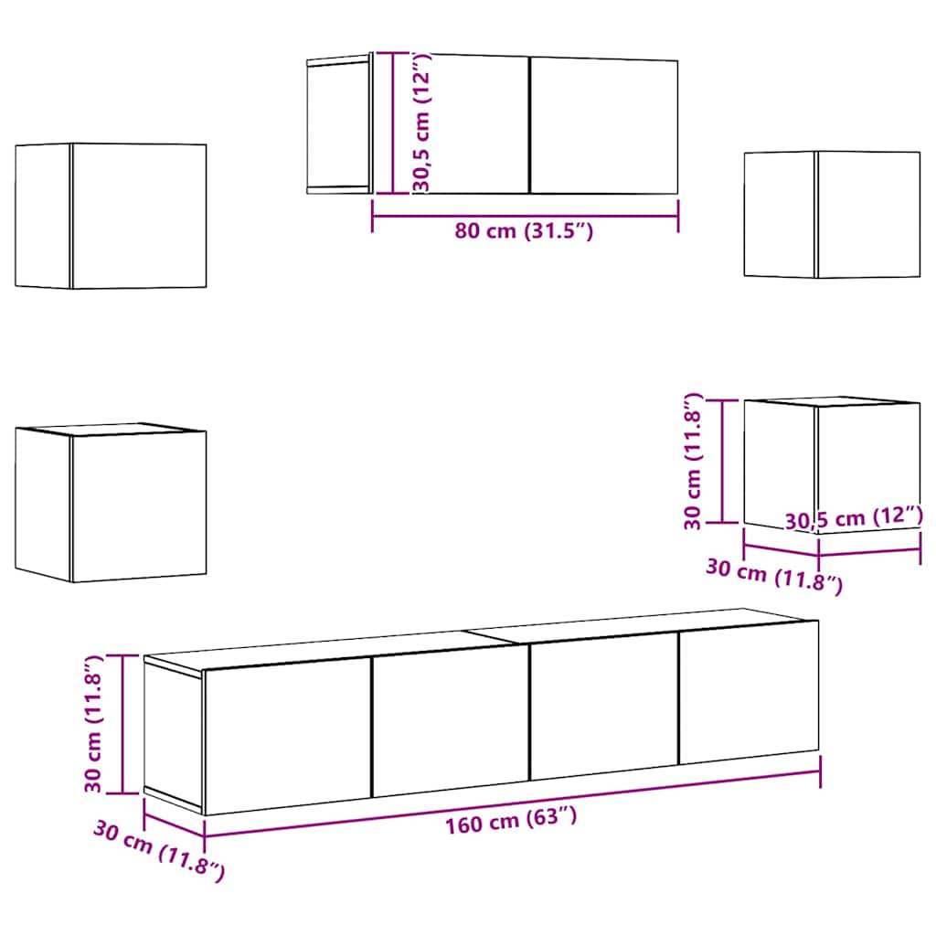 7-Delig Tv-Meubelset Wandmontage Artisanaal Eiken 80 cm