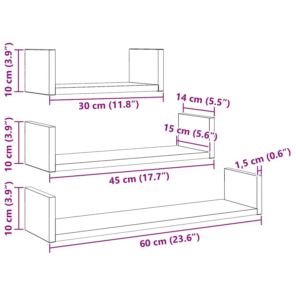 Wandschappen 3 st bewerkt hout zwart eiken