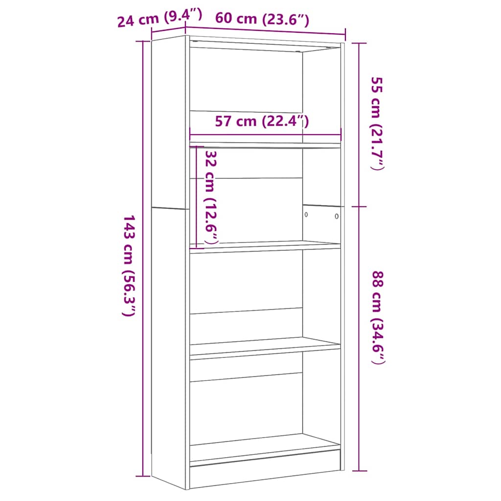 Boekenkast Zwart Eiken 60 x 24 x 143 cm Bewerkt hout