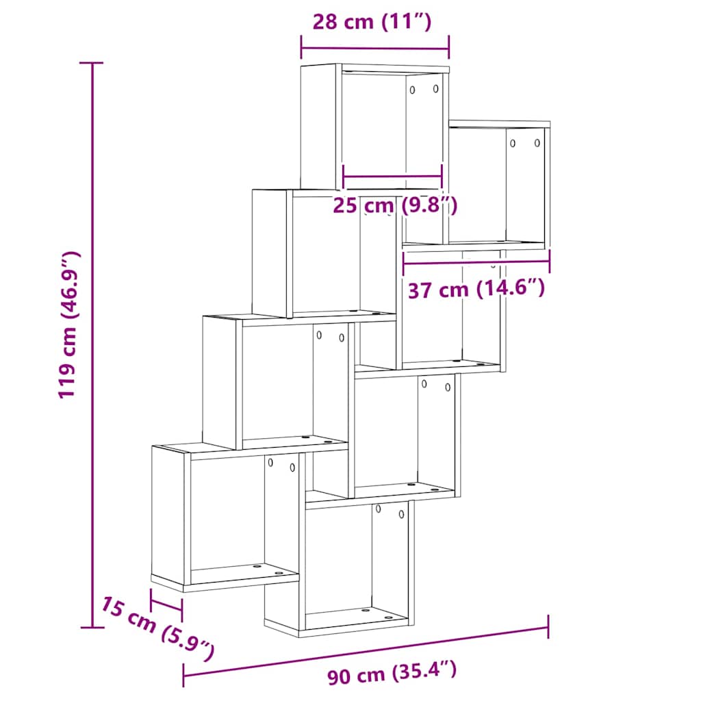 Wandplank met plank Zwart Eiken 90 x 15 x 119,5 cm Bewerkt hout