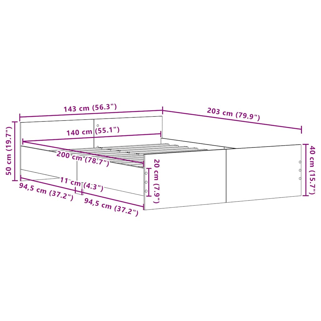 Bedframe zonder matras 140x200 cm bewerkt hout zwart eikenkleur