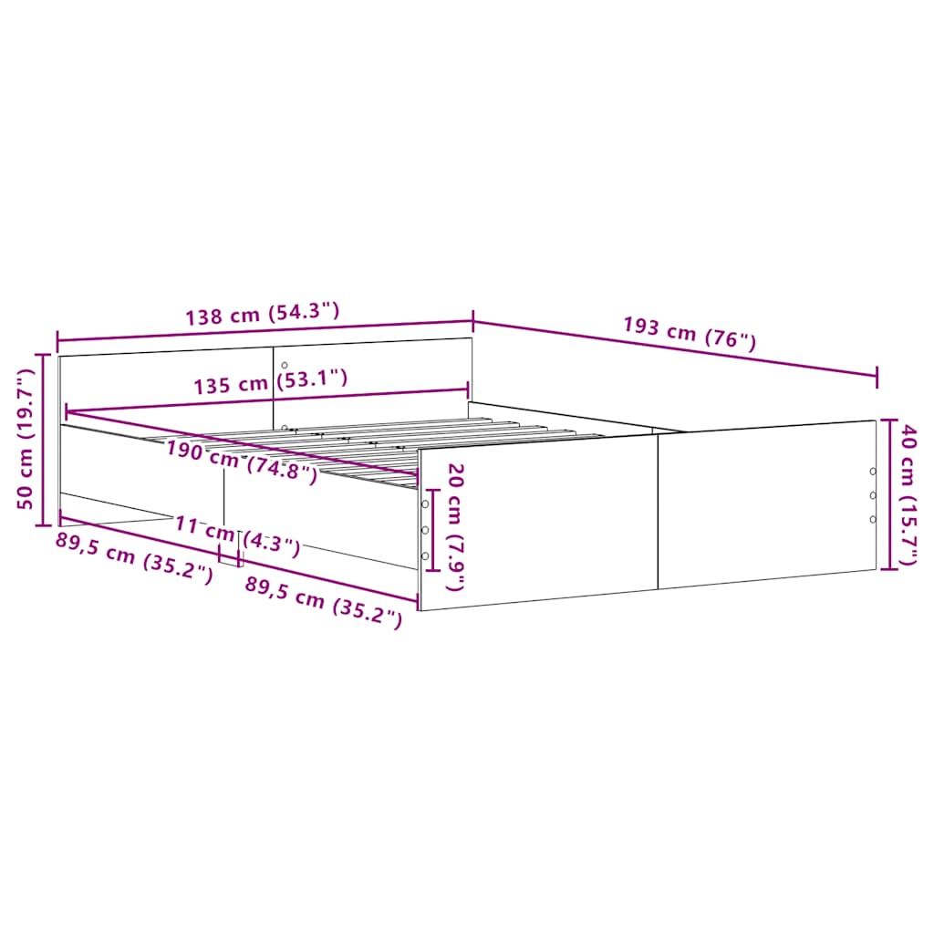 Bedframe zonder matras 135x190 cm bewerkt hout zwart eikenkleur