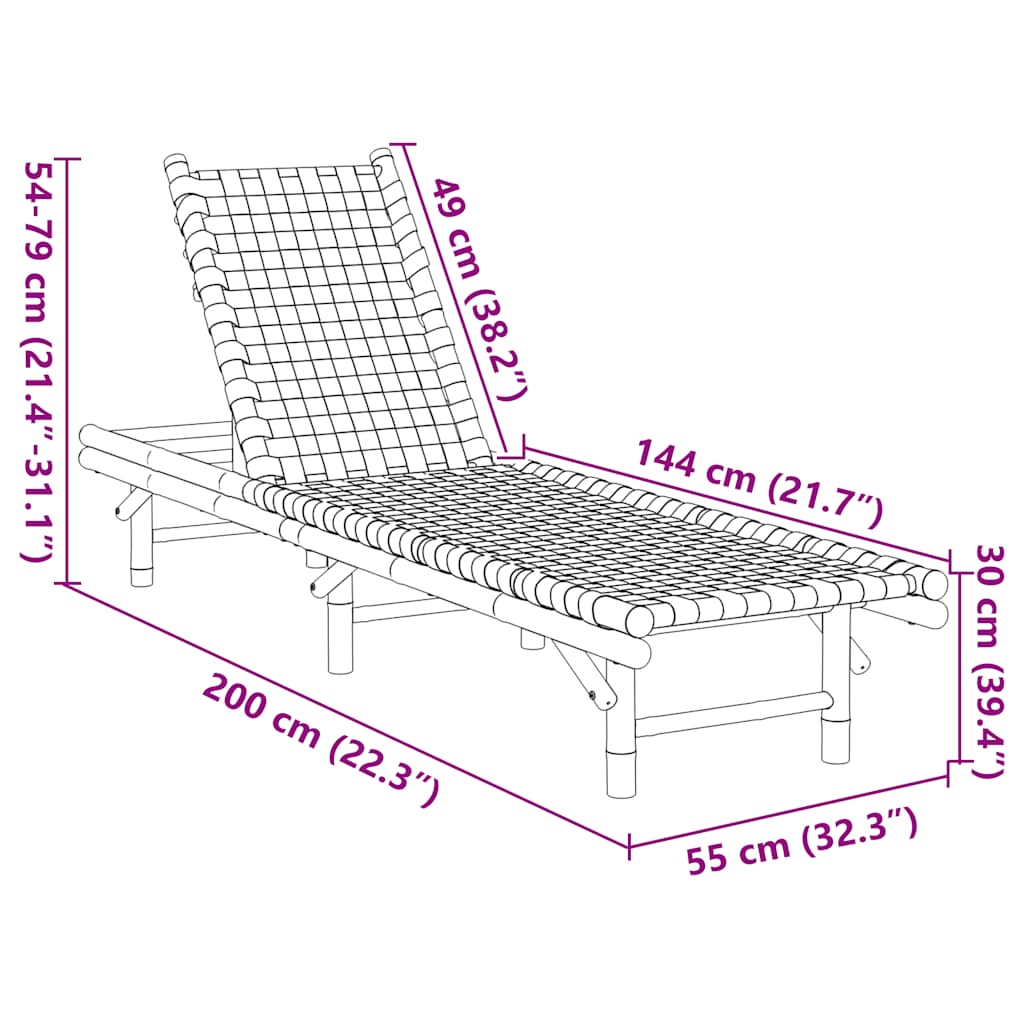Ligstoel met zwart geweven band 55x200x30 cm bamboe