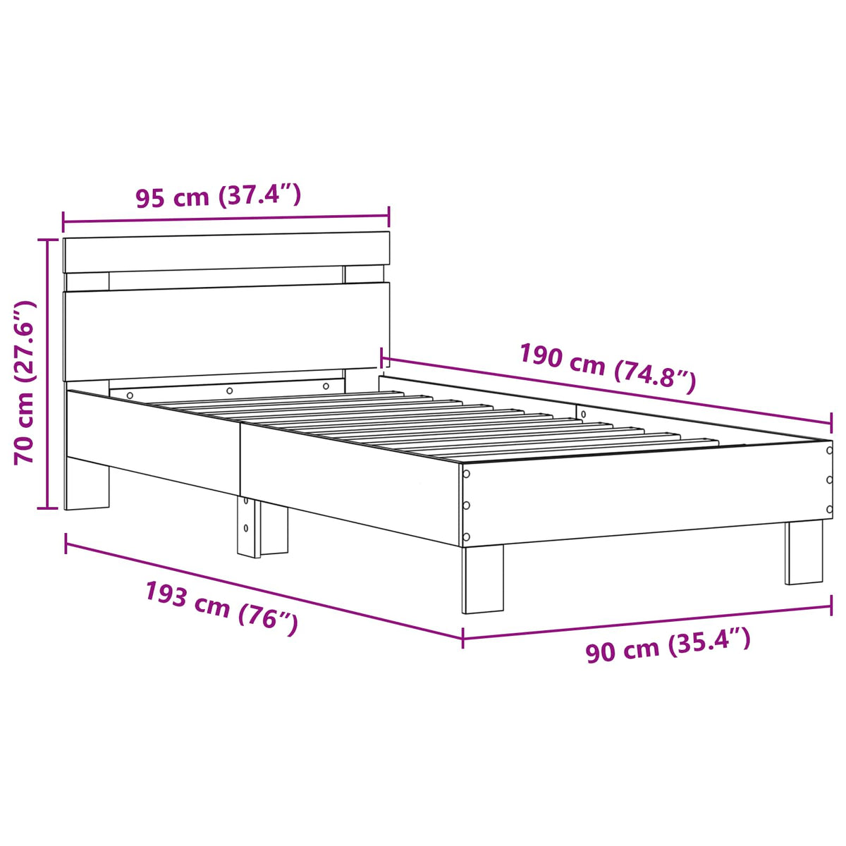 Bedframe met hoofdeinde Artisan Eiken 90 x 190 cm Bewerkt hout