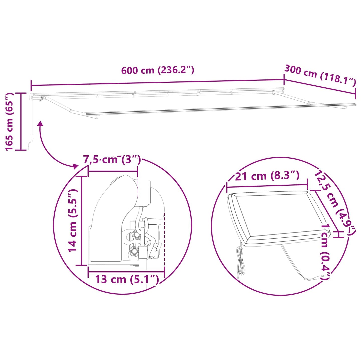 Inklapbaar Zonnescherm Wit 600 ×300 cm Stof