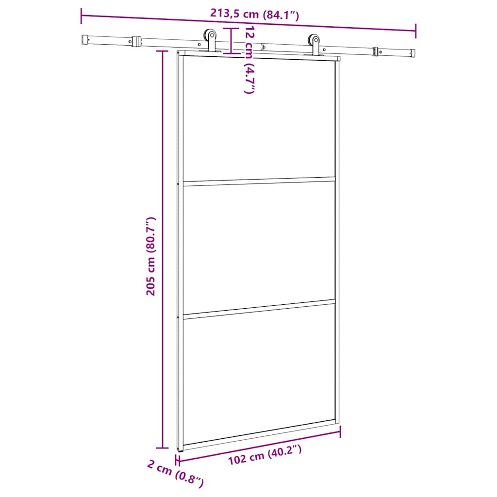 Schuifdeur met beslagset 102x205 cm aluminium en ESG-glas