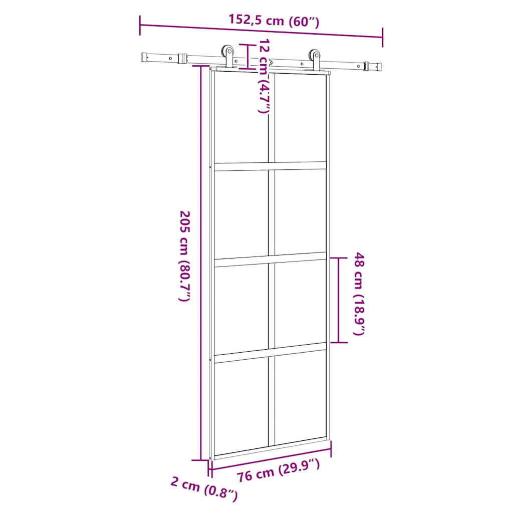 Schuifdeur met beslag 76x205 cm gehard glas en aluminium