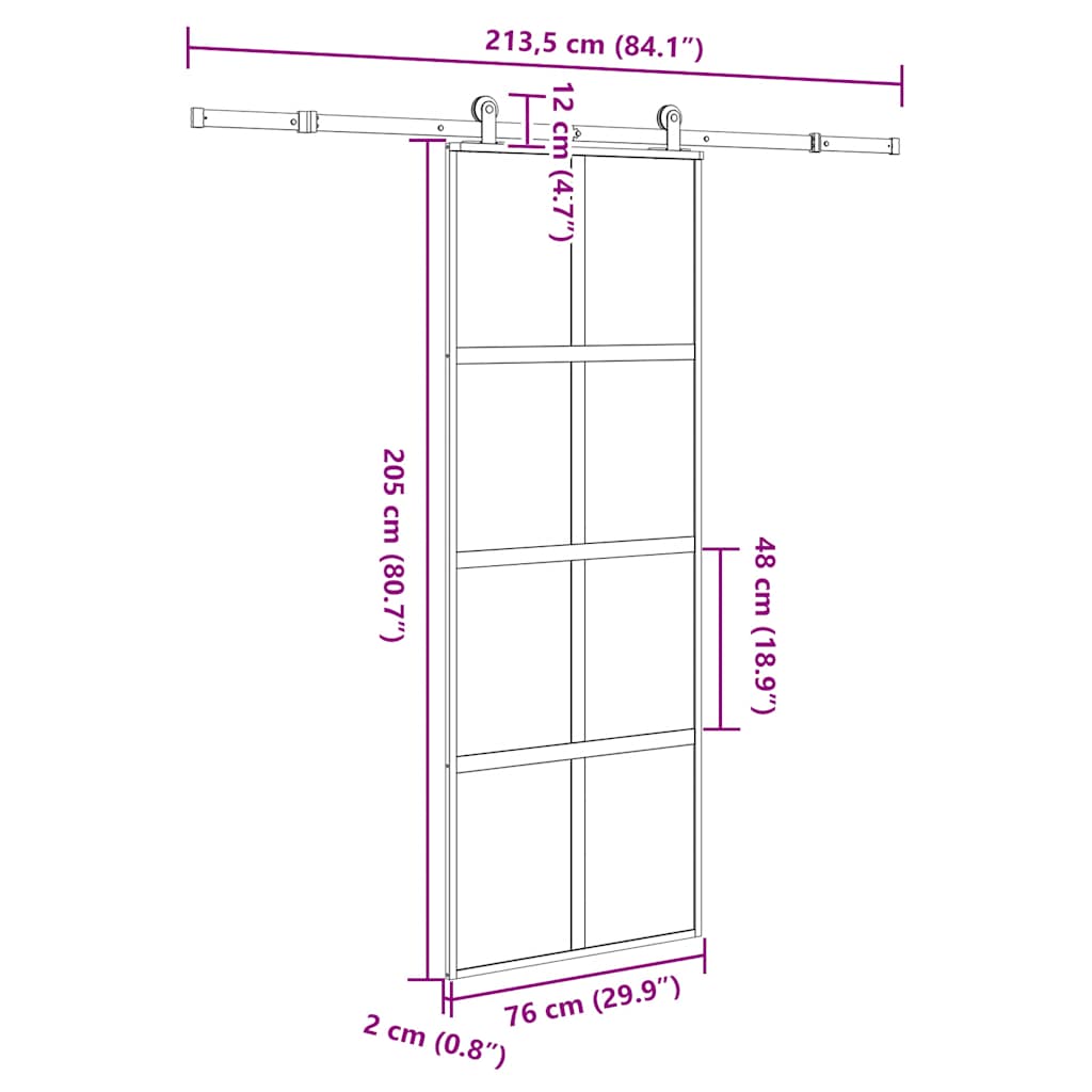 Schuifdeur met beslag 76x205 cm gehard glas en aluminium