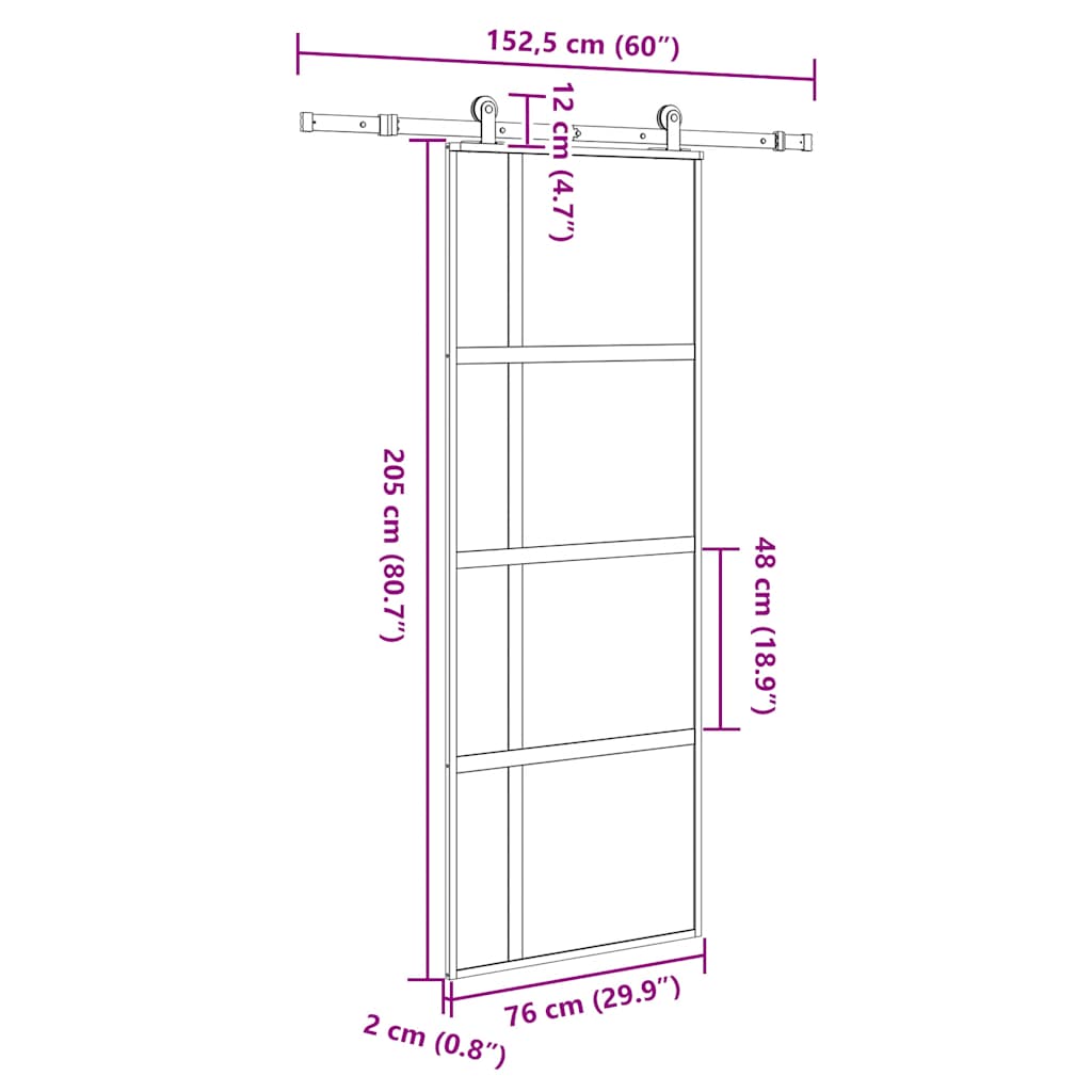 Schuifdeur met beslag 76x205 cm gehard glas en aluminium