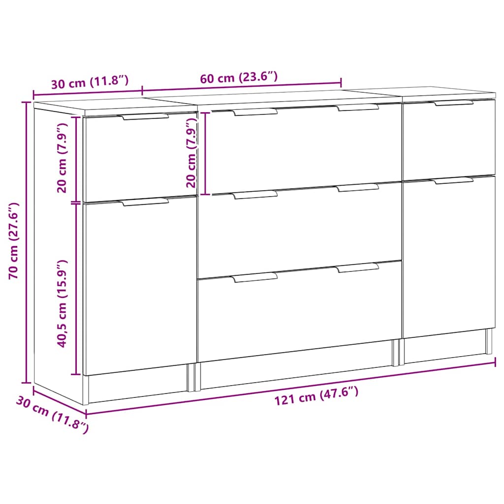 Dressoir met lade 3 pcs Zwart Eiken Bewerkt hout