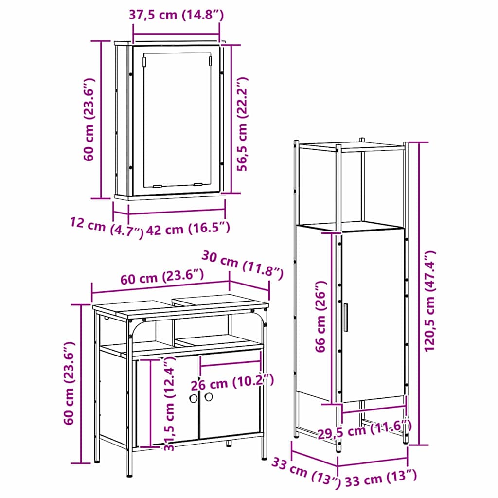 Badkamermeubelset 3 pcs Bruin 33 x 33 x 120.5 cm Bewerkt hout