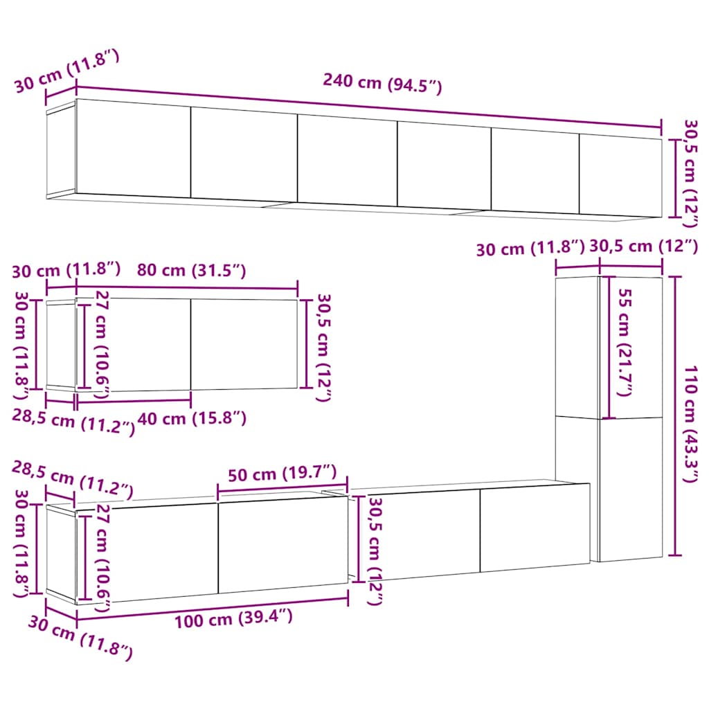 Tv-meubelset Wandgemonteerd 7 pcs Zwart Eiken Bewerkt hout