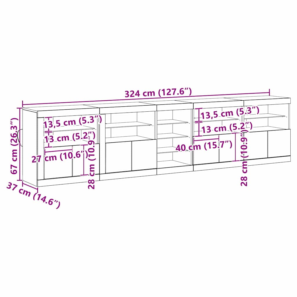 LED Sideboard Oudhout 283 x 37 x 67 cm Bewerkt hout