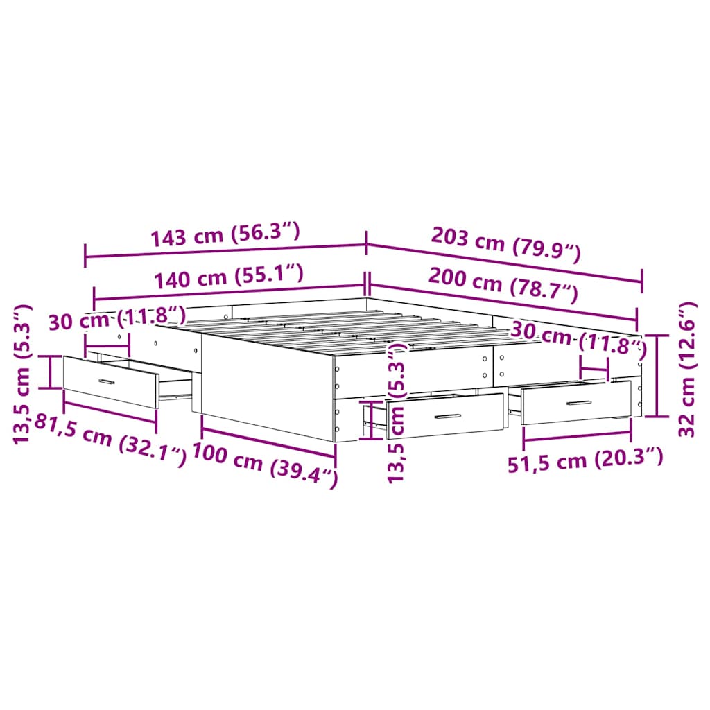 Bedframe met lade met opslag Oud Hout 140 x 200 cm Bewerkt hout