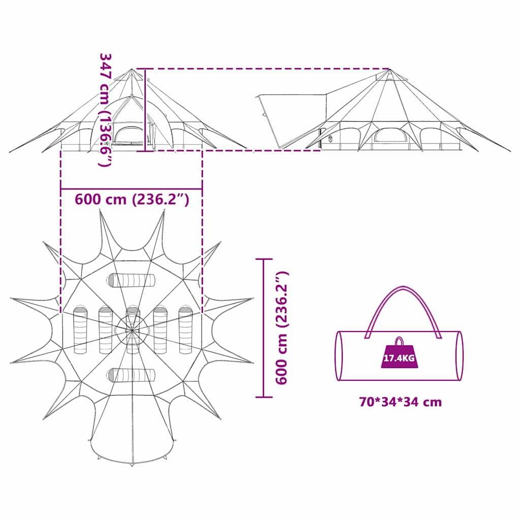 Teepee Tent met dak Blauw en Grijs 600 x 600 x 347 cm