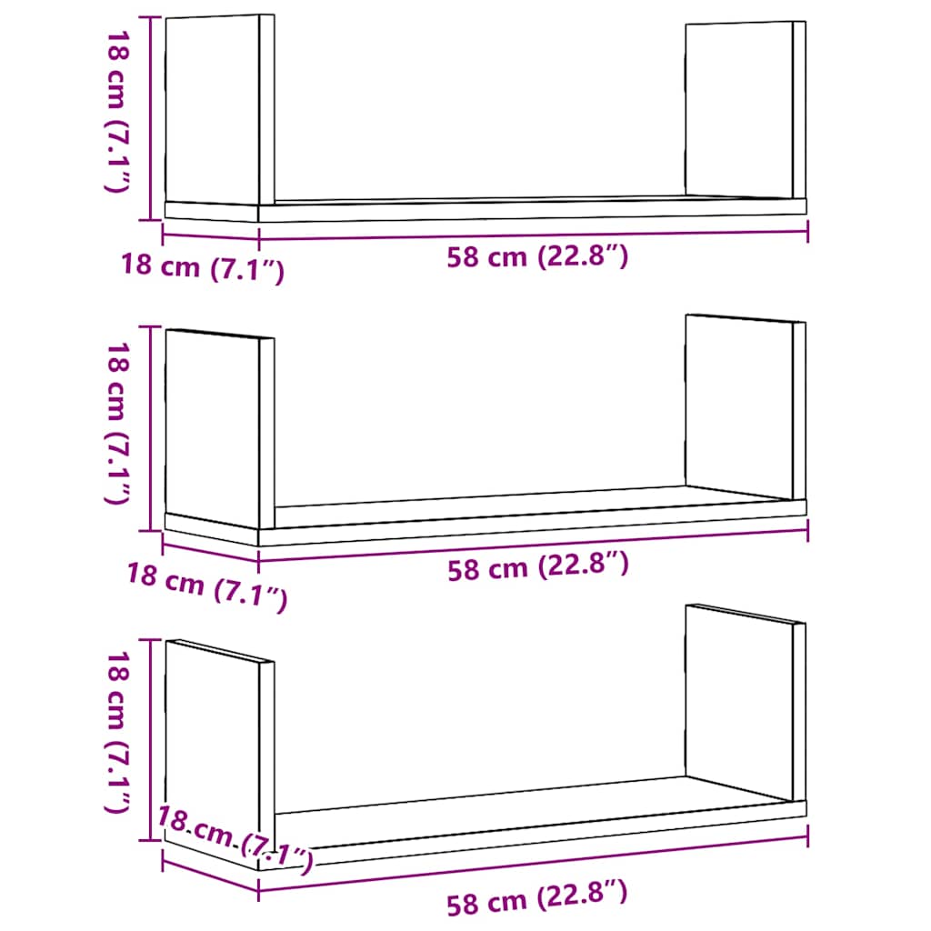 Wandplanken 3 stuks Zwarte Eiken 58x18x18 cm Bewerkt Hout