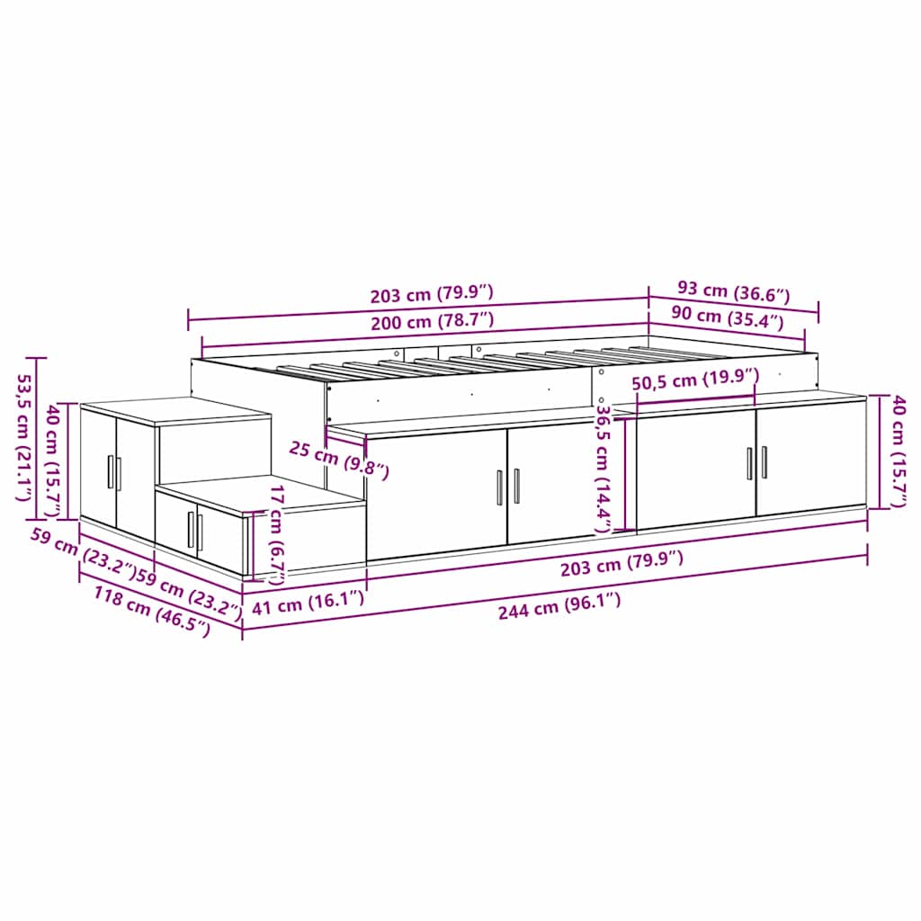 Opbergbedframe Beton Grijs 244 X 118 X 53.5 Cm Bewerkt Hout 90 x 200 cm