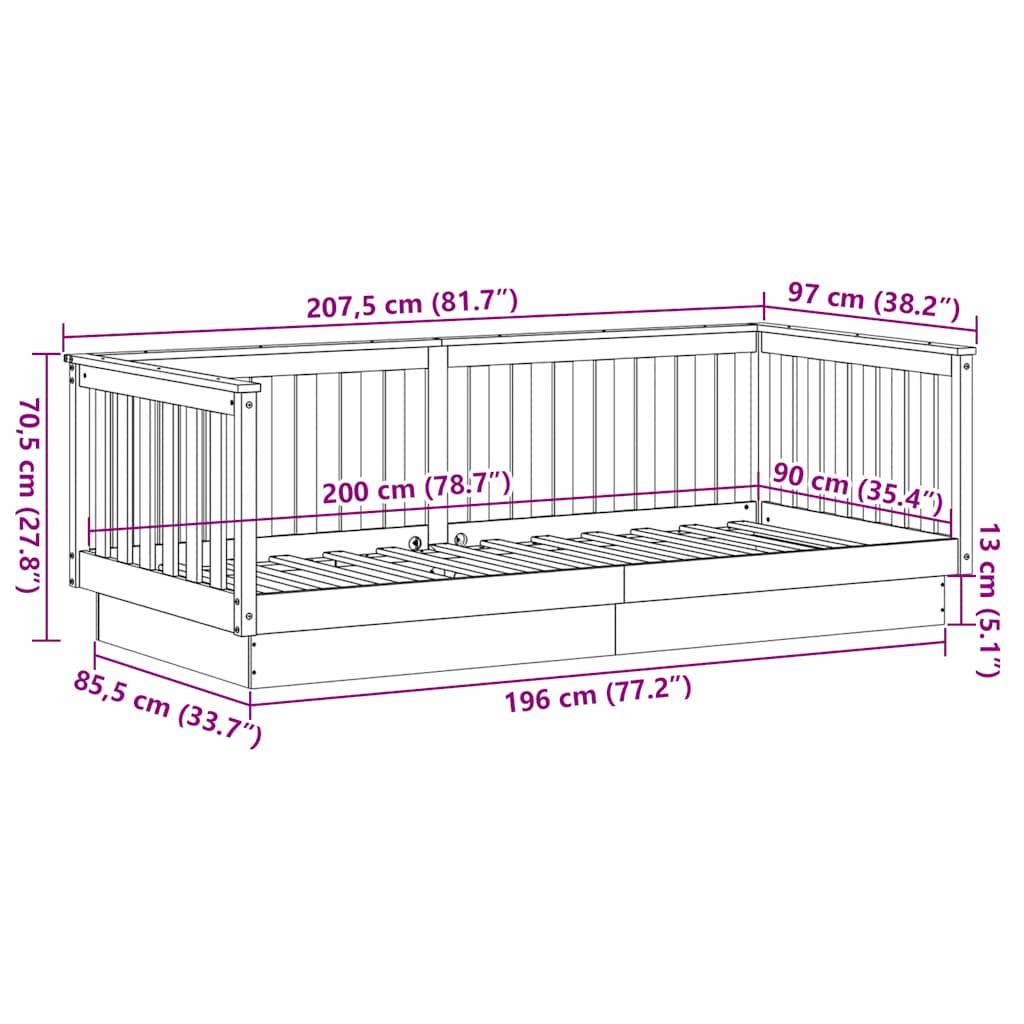 Dagbed zonder matras 90x200 cm massief grenenhout