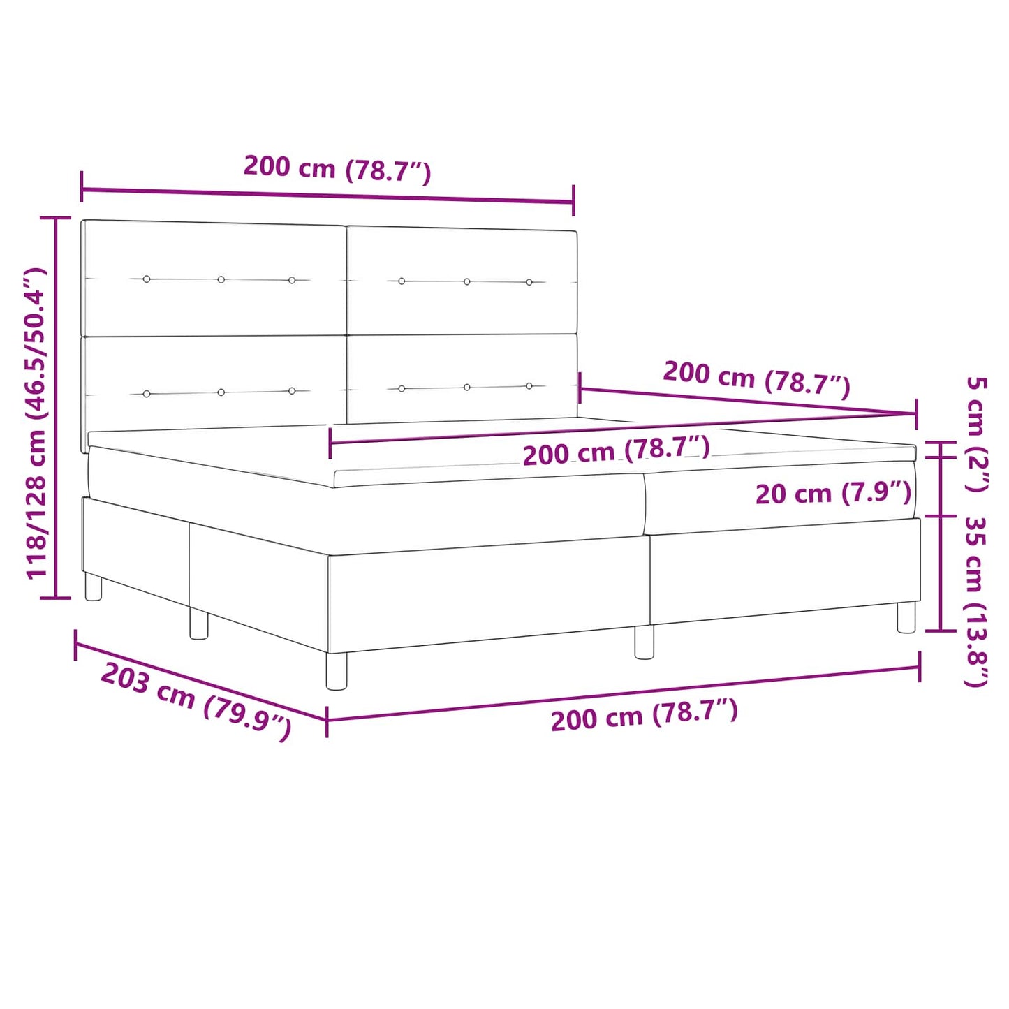 LED Box Spring Bed met hoofdeinde Donkergrijs 200 x 200 cm Stof