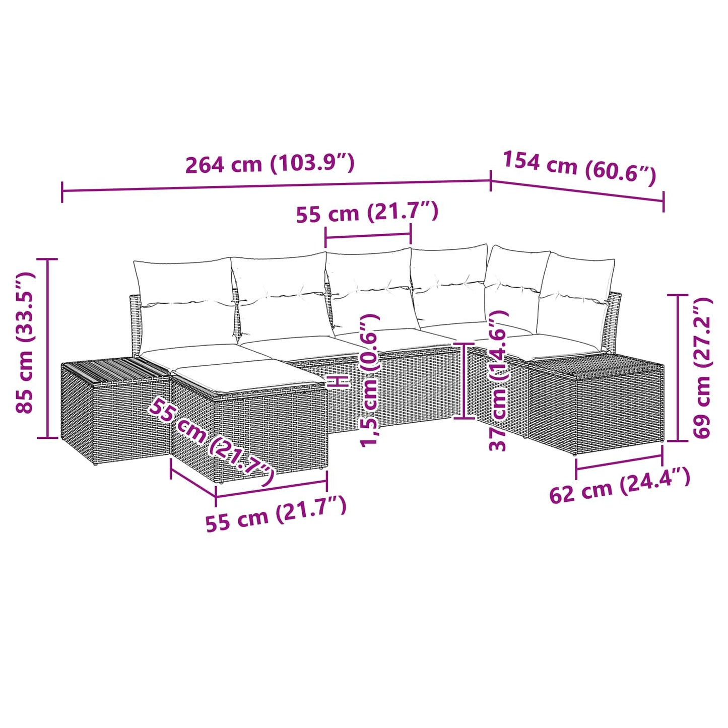 Tuin Sofa Set 6 st Zwart en Turquoise poly rattan