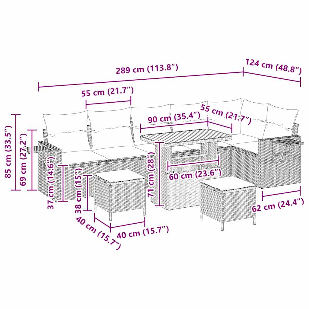 Tuinbankenset 9 pcs Beige poly rattan