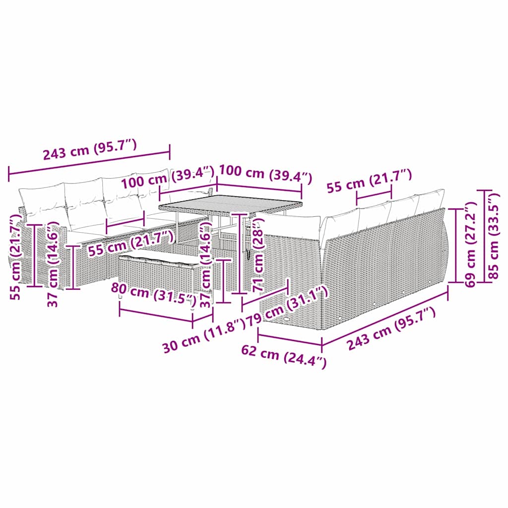 Tuin Sofa Set met kussen met opslag 11 pcs Zwart poly rattan